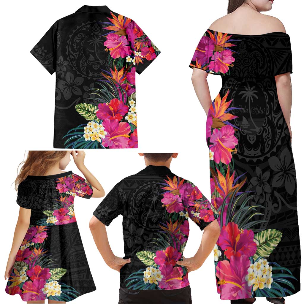 Hafa Adai Guam Family Matching Off Shoulder Maxi Dress and Hawaiian Shirt Tropical Flowers Colorful Vibes