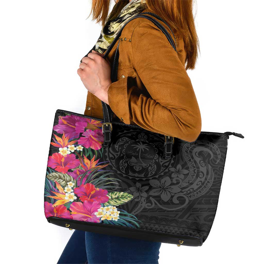 Hafa Adai Guam Leather Tote Bag Tropical Flowers Colorful Vibes