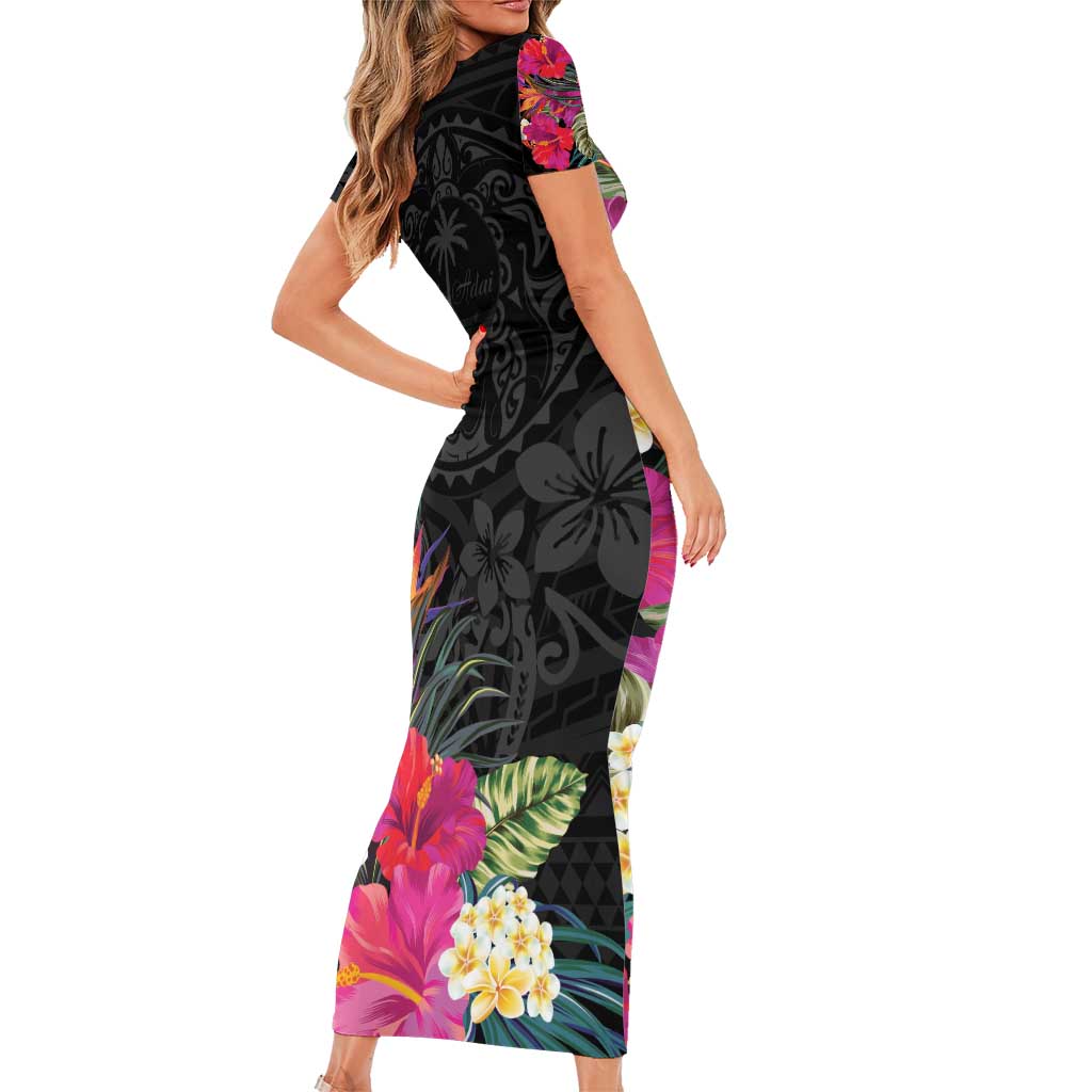 Hafa Adai Guam Short Sleeve Bodycon Dress Tropical Flowers Colorful Vibes