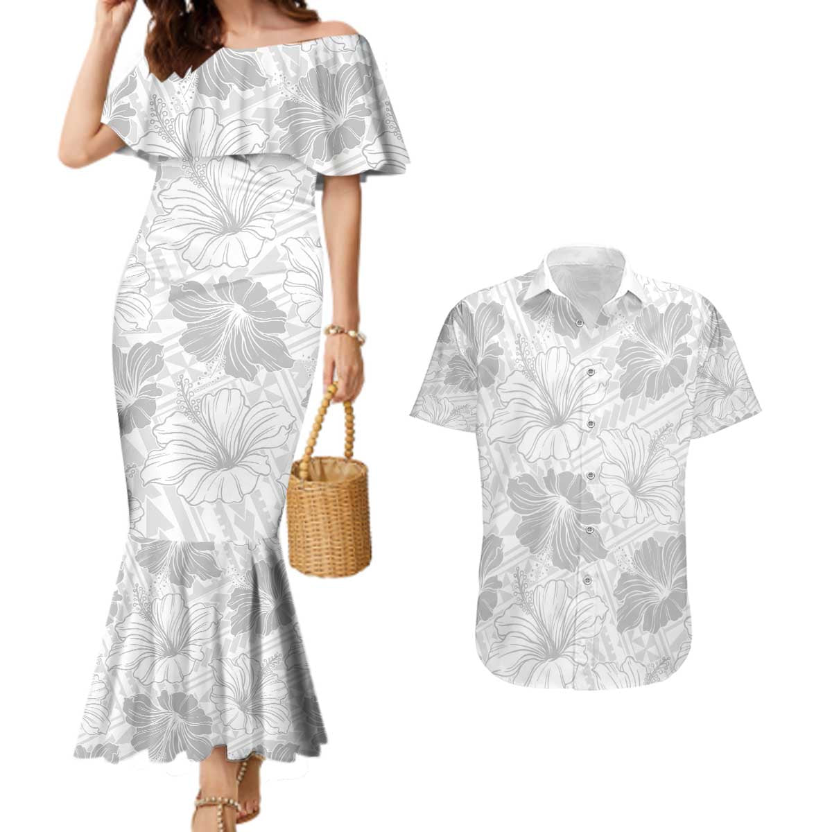 Samoa Lotu Tamaiti Couples Matching Mermaid Dress and Hawaiian Shirt White Sun Day Beauty Hibiscus Ver01