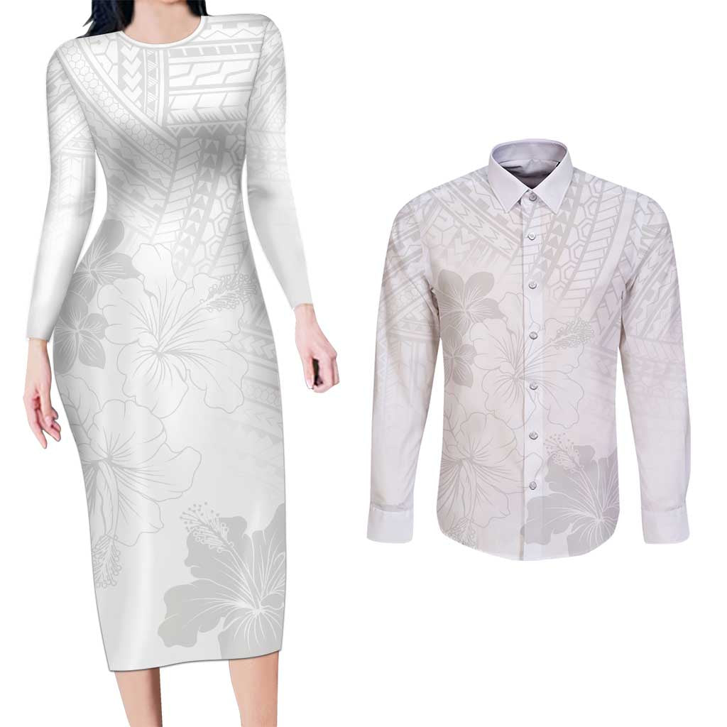 Samoa Lotu Tamaiti Couples Matching Long Sleeve Bodycon Dress and Long Sleeve Button Shirt White Sun Day Beauty Hibiscus Ver02 LT9