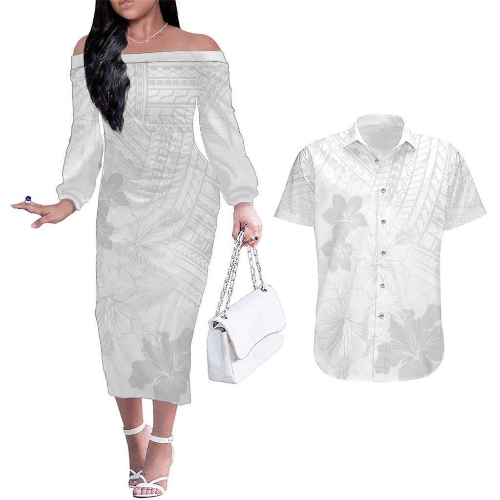 Samoa Lotu Tamaiti Couples Matching Off The Shoulder Long Sleeve Dress and Hawaiian Shirt White Sun Day Beauty Hibiscus Ver02 LT9 White - Polynesian Pride