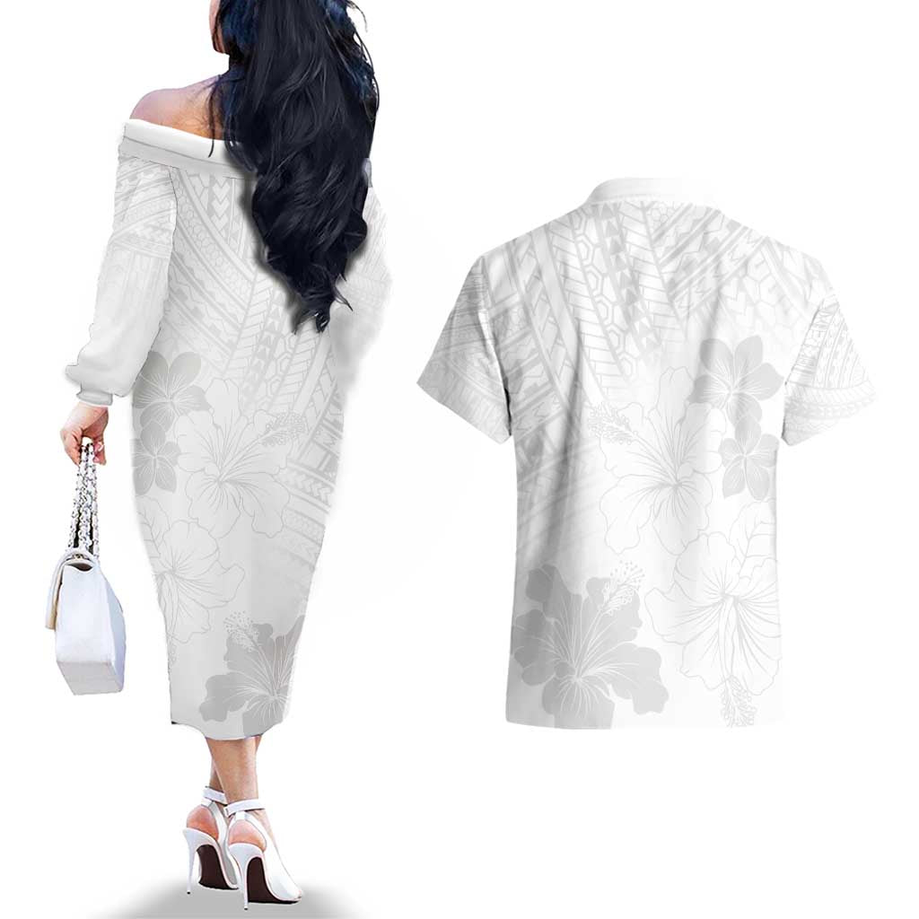 Samoa Lotu Tamaiti Couples Matching Off The Shoulder Long Sleeve Dress and Hawaiian Shirt White Sun Day Beauty Hibiscus Ver02 LT9 - Polynesian Pride