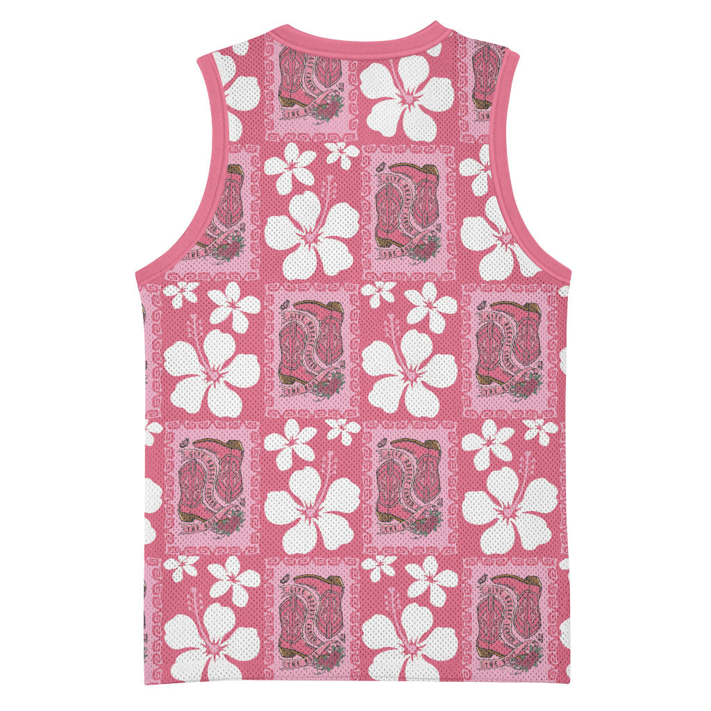 Give Cancer The Boot Pink Cowgirl Basketball Jersey Western Aloha Hibiscus Paniolo Heritage Floral LT9 - Polynesian Pride