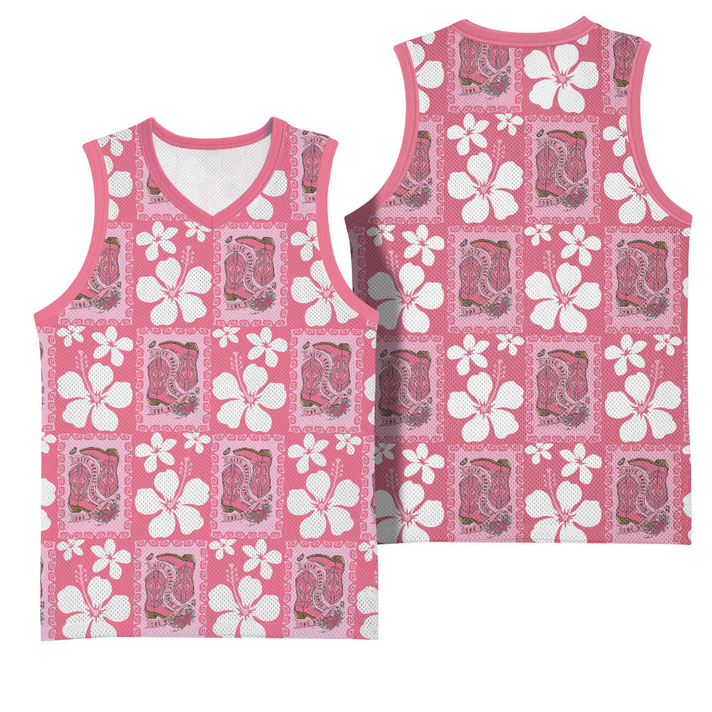Give Cancer The Boot Pink Cowgirl Basketball Jersey Western Aloha Hibiscus Paniolo Heritage Floral LT9 - Polynesian Pride