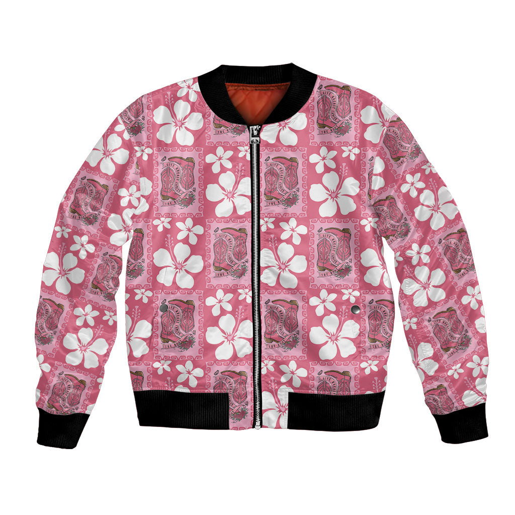 Give Cancer The Boot Pink Cowgirl Bomber Jacket Western Aloha Hibiscus Paniolo Heritage Floral LT9 Unisex Pink - Polynesian Pride