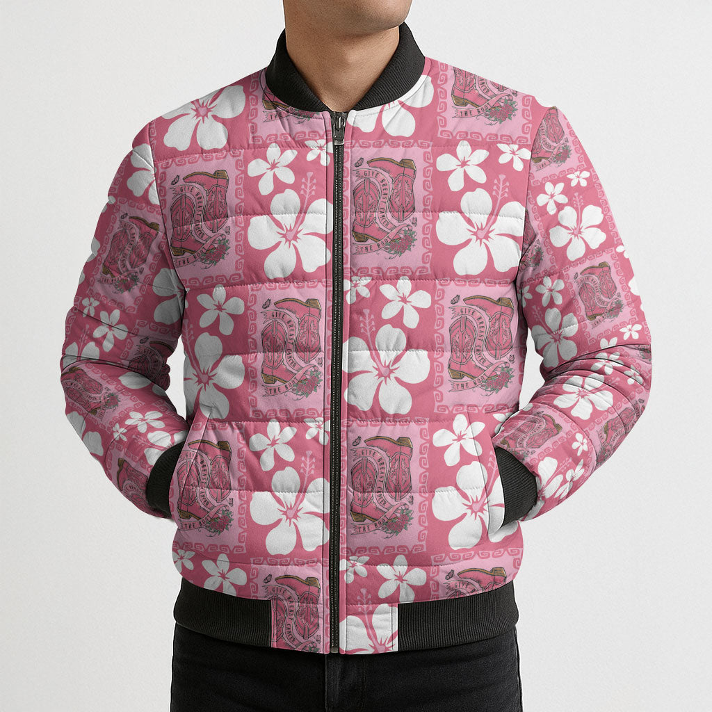 Give Cancer The Boot Pink Cowgirl Bomber Puffer Jacket Western Aloha Hibiscus Paniolo Heritage Floral LT9 - Polynesian Pride