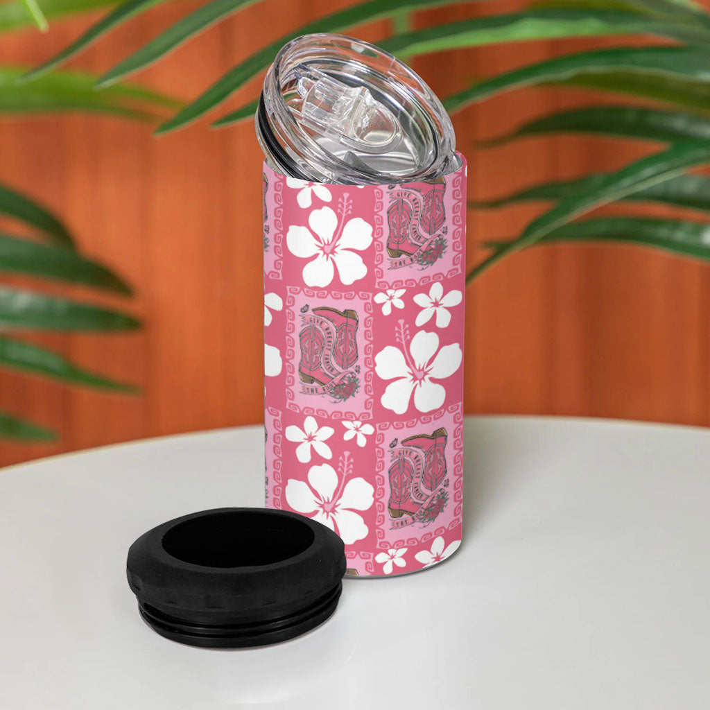 Give Cancer The Boot Pink Cowgirl 4 in 1 Can Cooler Tumbler Western Aloha Hibiscus Paniolo Heritage Floral LT9 - Polynesian Pride