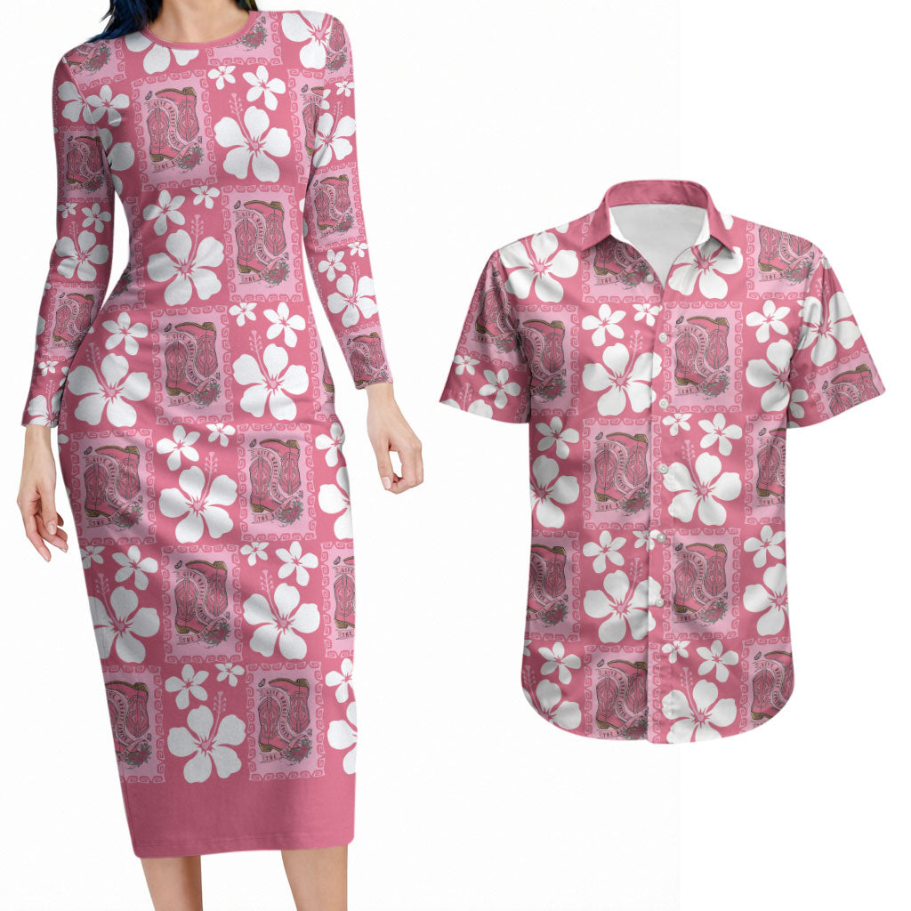 Give Cancer The Boot Pink Cowgirl Couples Matching Long Sleeve Bodycon Dress and Hawaiian Shirt Western Aloha Hibiscus Paniolo Heritage Floral LT9 Pink - Polynesian Pride