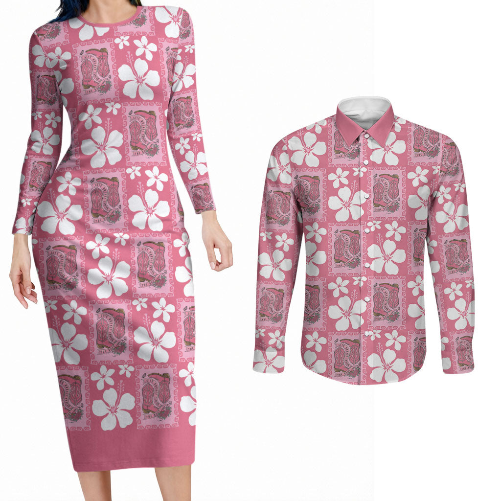 Give Cancer The Boot Pink Cowgirl Couples Matching Long Sleeve Bodycon Dress and Long Sleeve Button Shirt Western Aloha Hibiscus Paniolo Heritage Floral LT9 Pink - Polynesian Pride