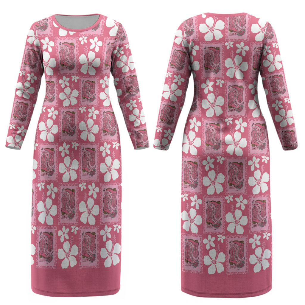 Give Cancer The Boot Pink Cowgirl Couples Matching Long Sleeve Bodycon Dress and Long Sleeve Button Shirt Western Aloha Hibiscus Paniolo Heritage Floral LT9 - Polynesian Pride