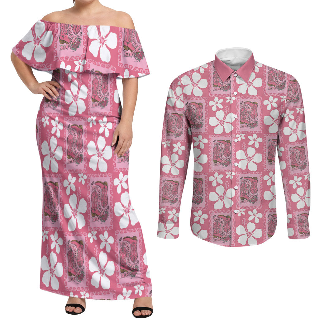 Give Cancer The Boot Pink Cowgirl Couples Matching Off Shoulder Maxi Dress and Long Sleeve Button Shirt Western Aloha Hibiscus Paniolo Heritage Floral LT9 Pink - Polynesian Pride