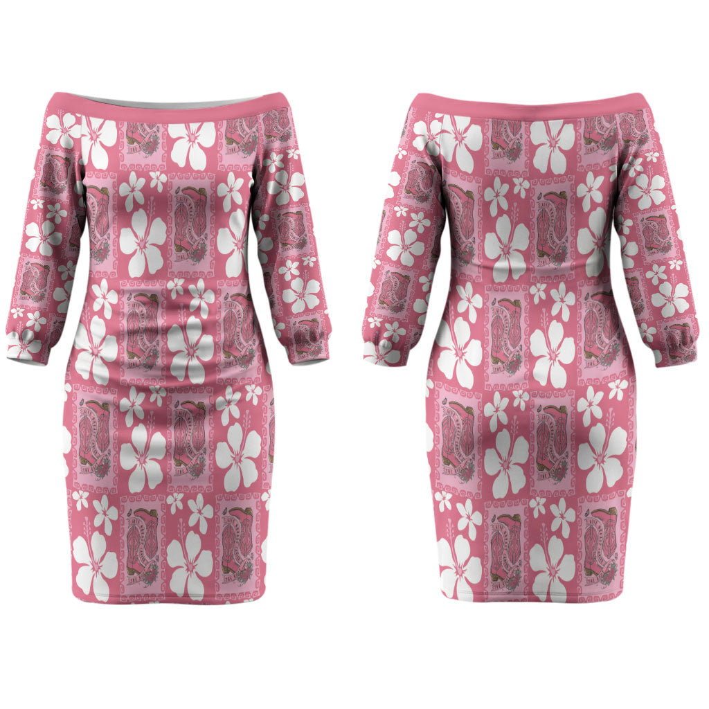Give Cancer The Boot Pink Cowgirl Couples Matching Off The Shoulder Long Sleeve Dress and Long Sleeve Button Shirt Western Aloha Hibiscus Paniolo Heritage Floral LT9 - Polynesian Pride