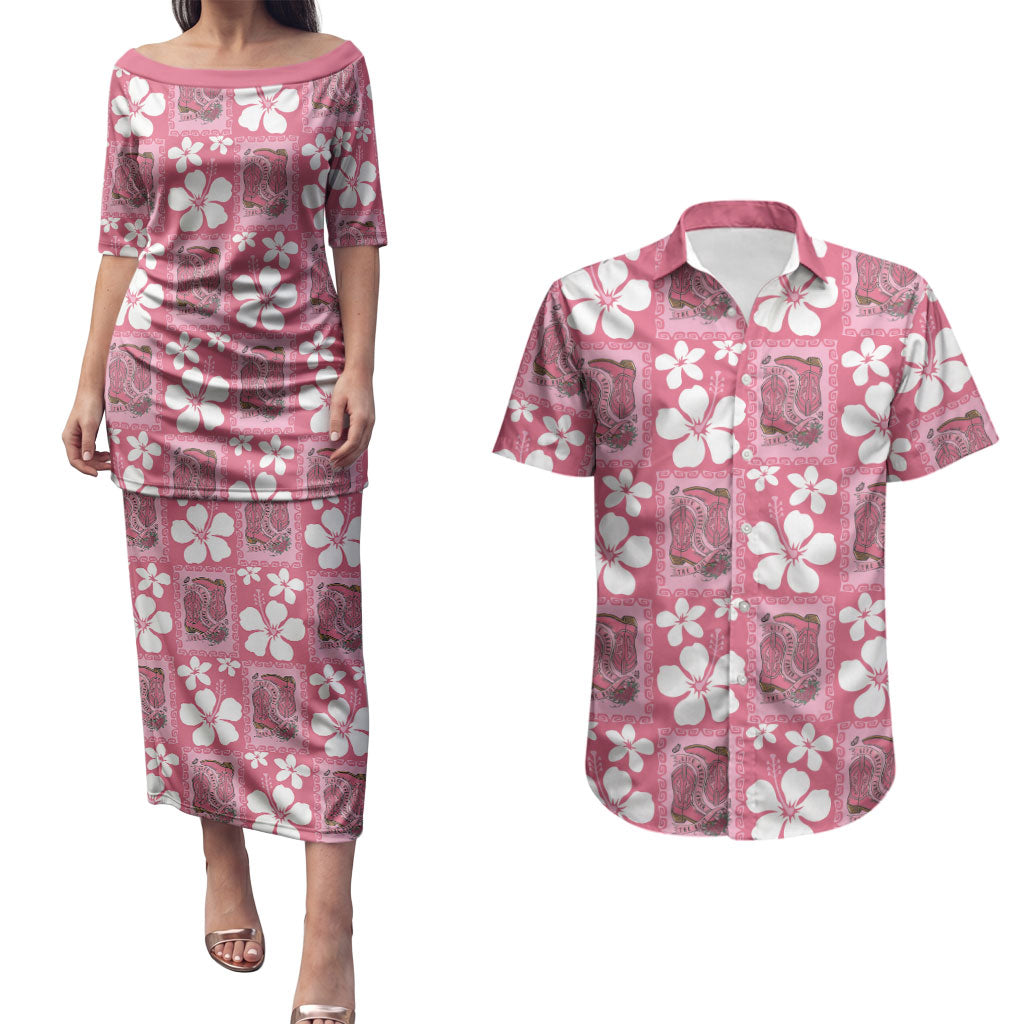 Give Cancer The Boot Pink Cowgirl Couples Matching Puletasi and Hawaiian Shirt Western Aloha Hibiscus Paniolo Heritage Floral LT9 Pink - Polynesian Pride