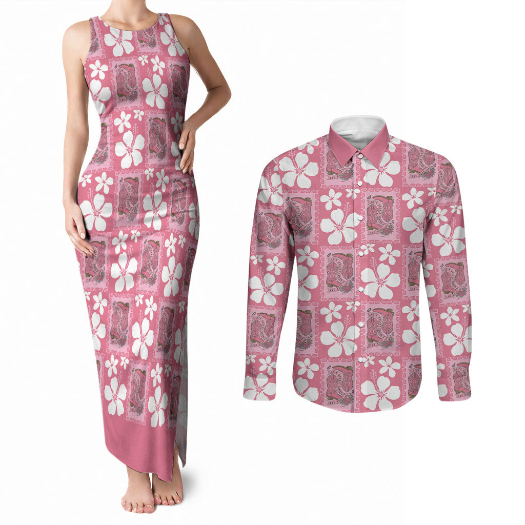 Give Cancer The Boot Pink Cowgirl Couples Matching Tank Maxi Dress and Long Sleeve Button Shirt Western Aloha Hibiscus Paniolo Heritage Floral LT9 Pink - Polynesian Pride
