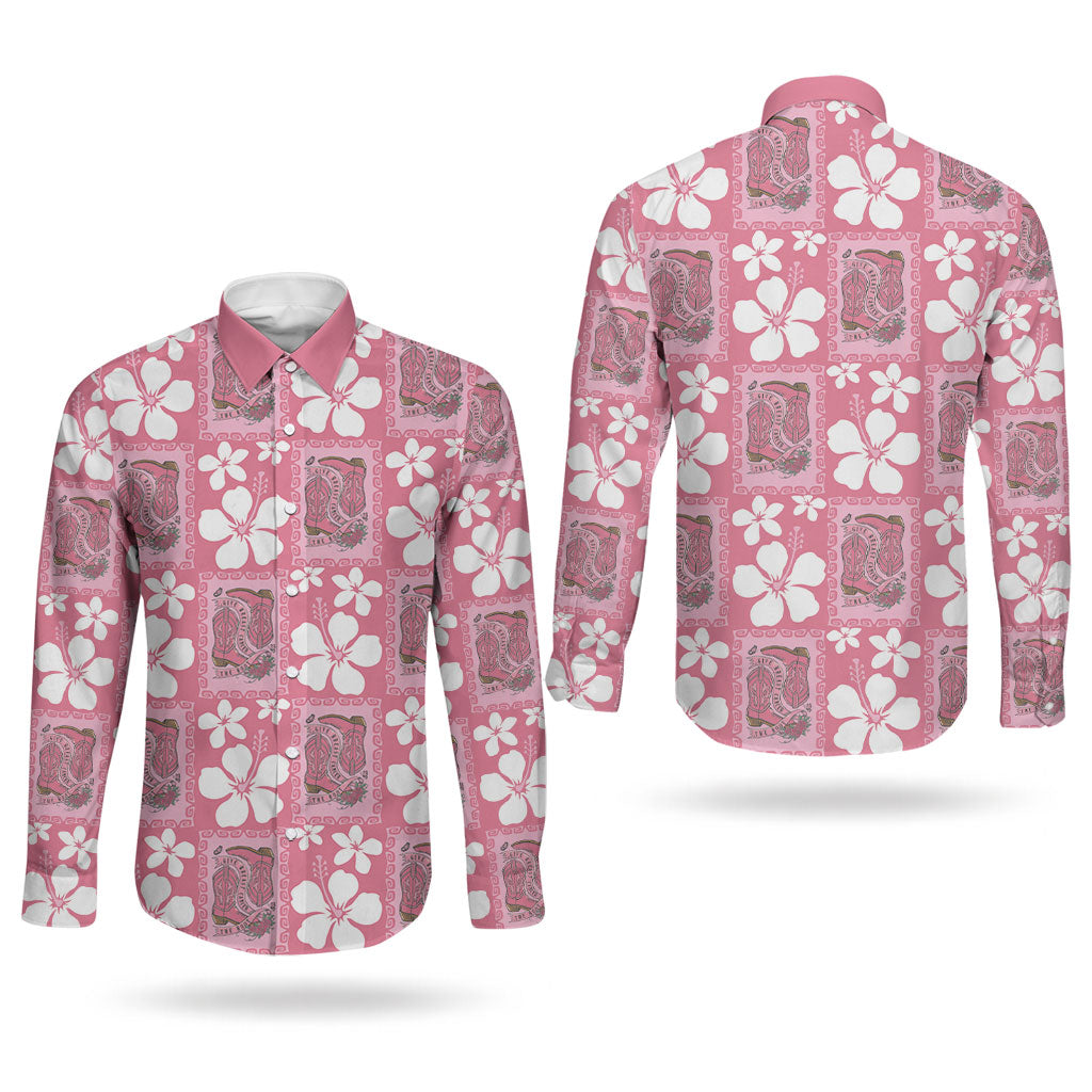 Give Cancer The Boot Pink Cowgirl Couples Matching Tank Maxi Dress and Long Sleeve Button Shirt Western Aloha Hibiscus Paniolo Heritage Floral LT9 - Polynesian Pride