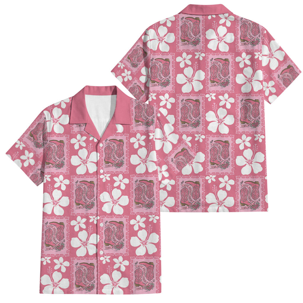 Give Cancer The Boot Pink Cowgirl Family Matching Mermaid Dress and Hawaiian Shirt Western Aloha Hibiscus Paniolo Heritage Floral LT9 Dad's Shirt - Short Sleeve Pink - Polynesian Pride