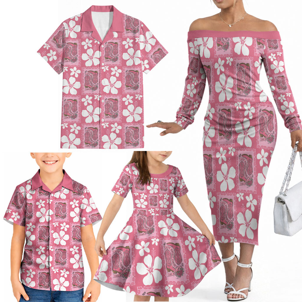 Give Cancer The Boot Pink Cowgirl Family Matching Off The Shoulder Long Sleeve Dress and Hawaiian Shirt Western Aloha Hibiscus Paniolo Heritage Floral LT9 - Polynesian Pride