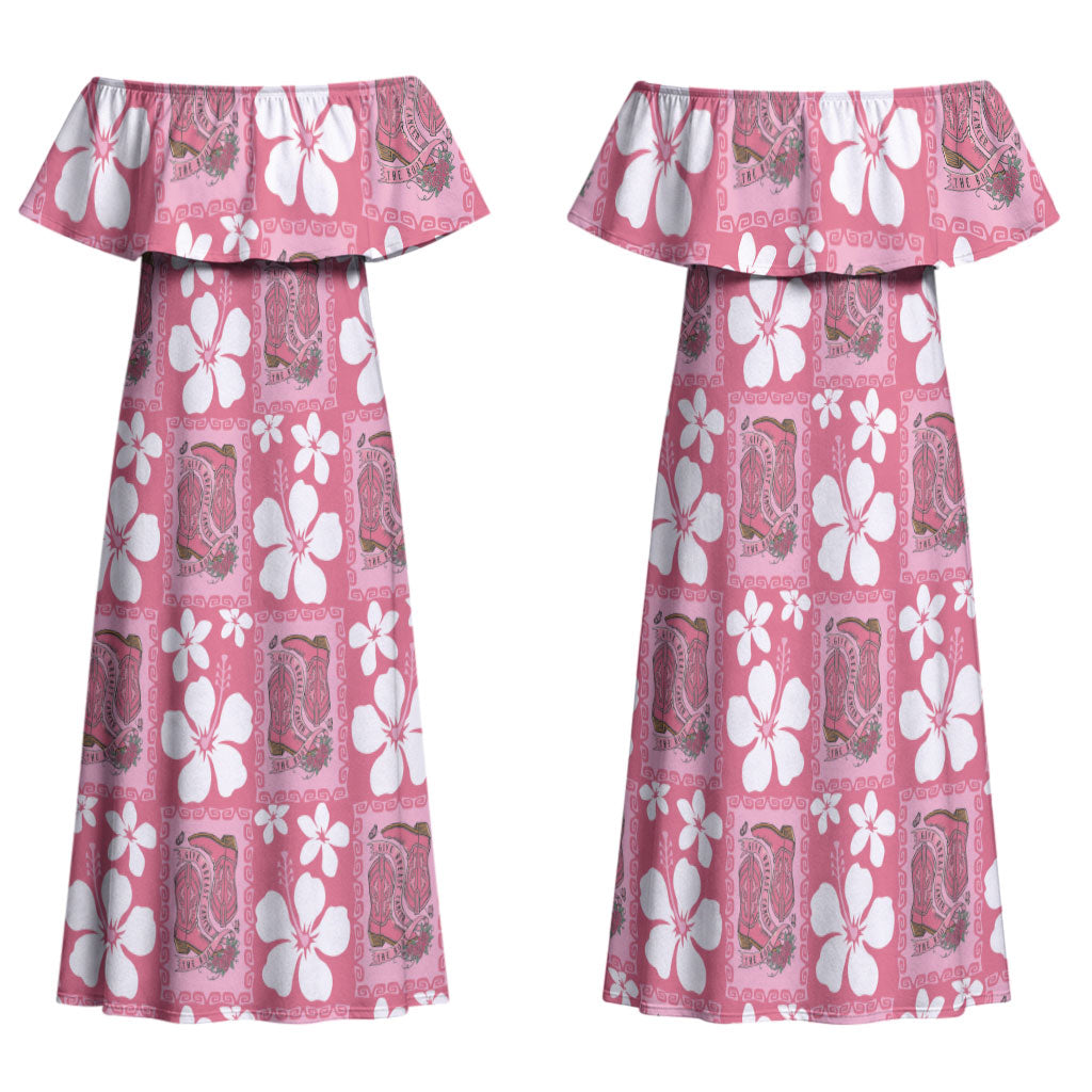 Give Cancer The Boot Pink Cowgirl Family Matching Off Shoulder Maxi Dress and Hawaiian Shirt Western Aloha Hibiscus Paniolo Heritage Floral LT9 Mom's Dress Pink - Polynesian Pride