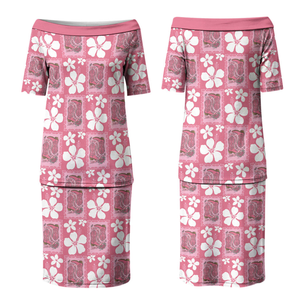 Give Cancer The Boot Pink Cowgirl Family Matching Puletasi and Hawaiian Shirt Western Aloha Hibiscus Paniolo Heritage Floral LT9 Mom's Dress Pink - Polynesian Pride