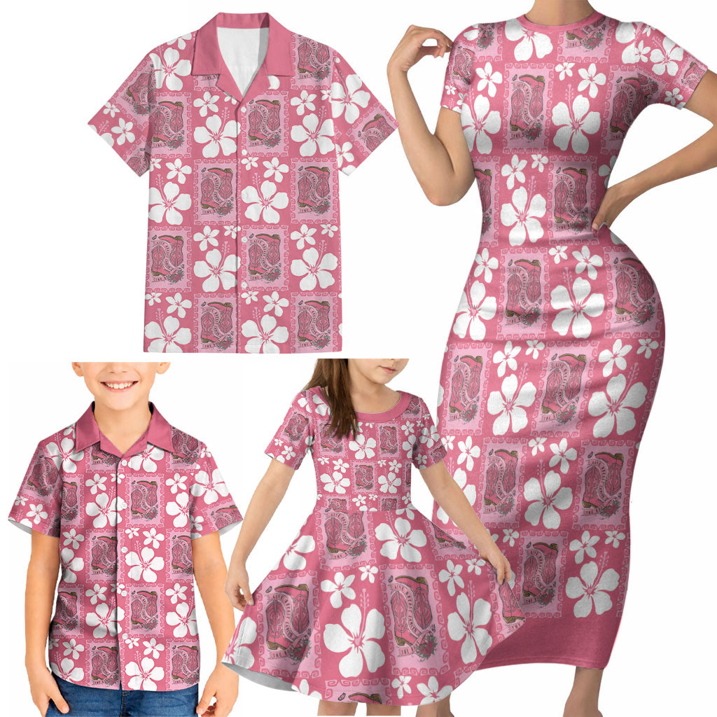 Give Cancer The Boot Pink Cowgirl Family Matching Short Sleeve Bodycon Dress and Hawaiian Shirt Western Aloha Hibiscus Paniolo Heritage Floral LT9 - Polynesian Pride