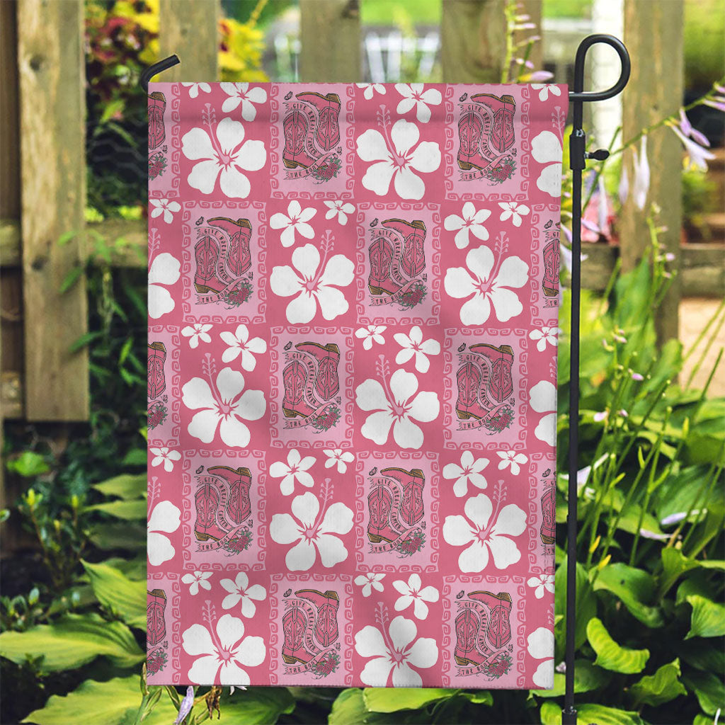 Give Cancer The Boot Pink Cowgirl Garden Flag Western Aloha Hibiscus Paniolo Heritage Floral LT9 Garden Flag Pink - Polynesian Pride