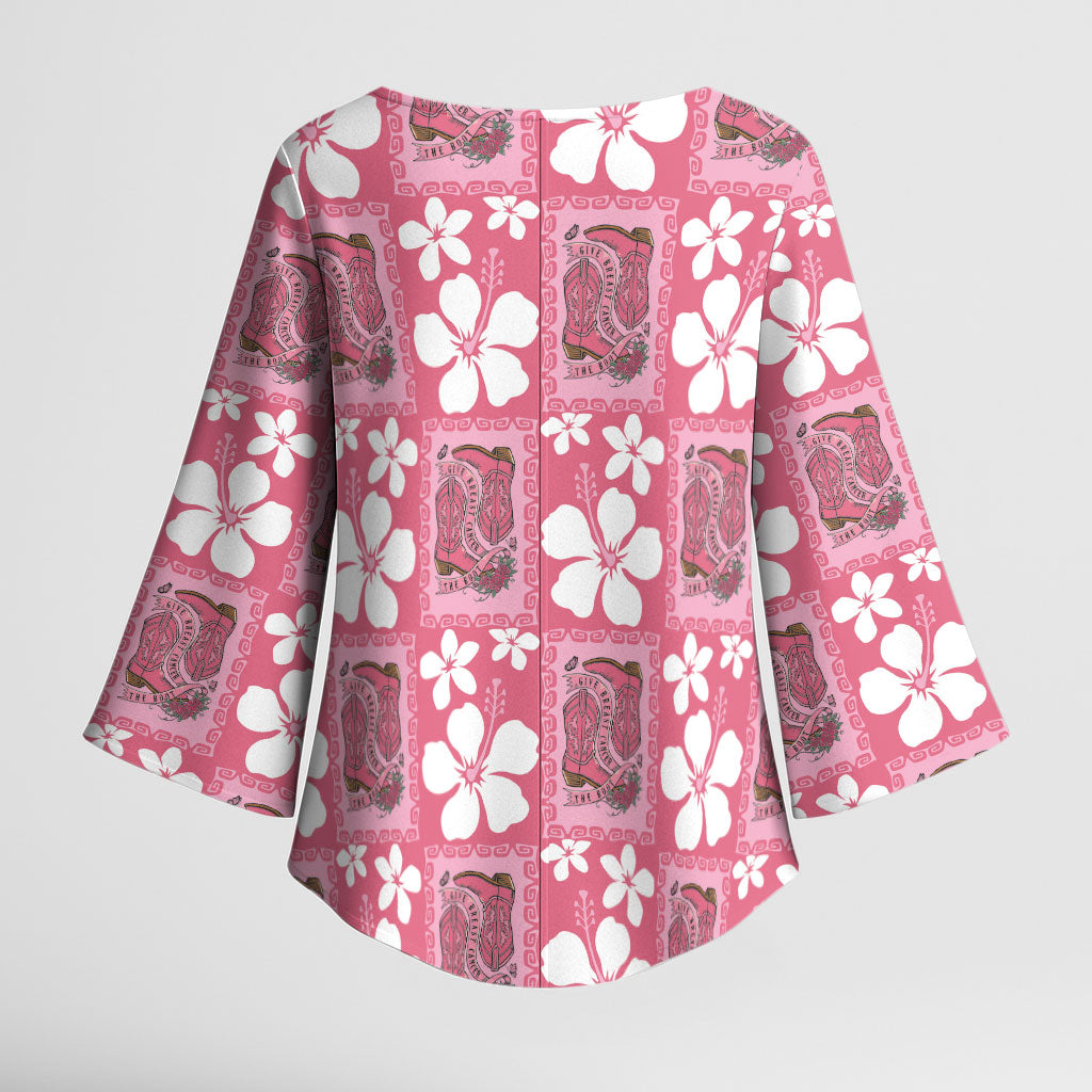 Give Cancer The Boot Pink Cowgirl Kimono Sleeve Blouse Western Aloha Hibiscus Paniolo Heritage Floral LT9 - Polynesian Pride