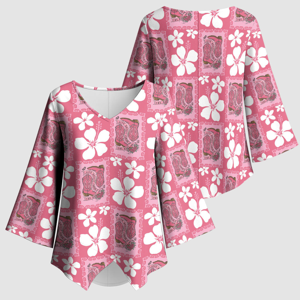 Give Cancer The Boot Pink Cowgirl Kimono Sleeve Blouse Western Aloha Hibiscus Paniolo Heritage Floral LT9 - Polynesian Pride