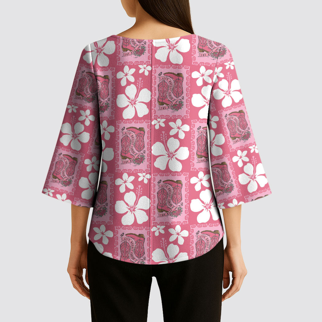 Give Cancer The Boot Pink Cowgirl Kimono Sleeve Blouse Western Aloha Hibiscus Paniolo Heritage Floral LT9 - Polynesian Pride