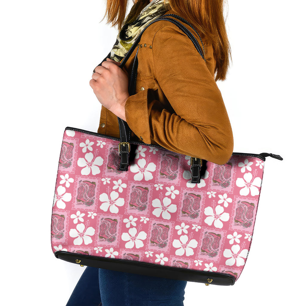 Give Cancer The Boot Pink Cowgirl Leather Tote Bag Western Aloha Hibiscus Paniolo Heritage Floral LT9 Pink - Polynesian Pride