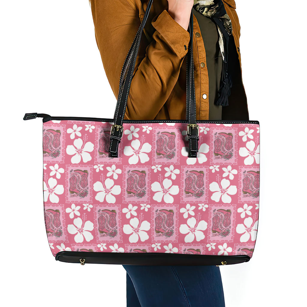 Give Cancer The Boot Pink Cowgirl Leather Tote Bag Western Aloha Hibiscus Paniolo Heritage Floral LT9 - Polynesian Pride