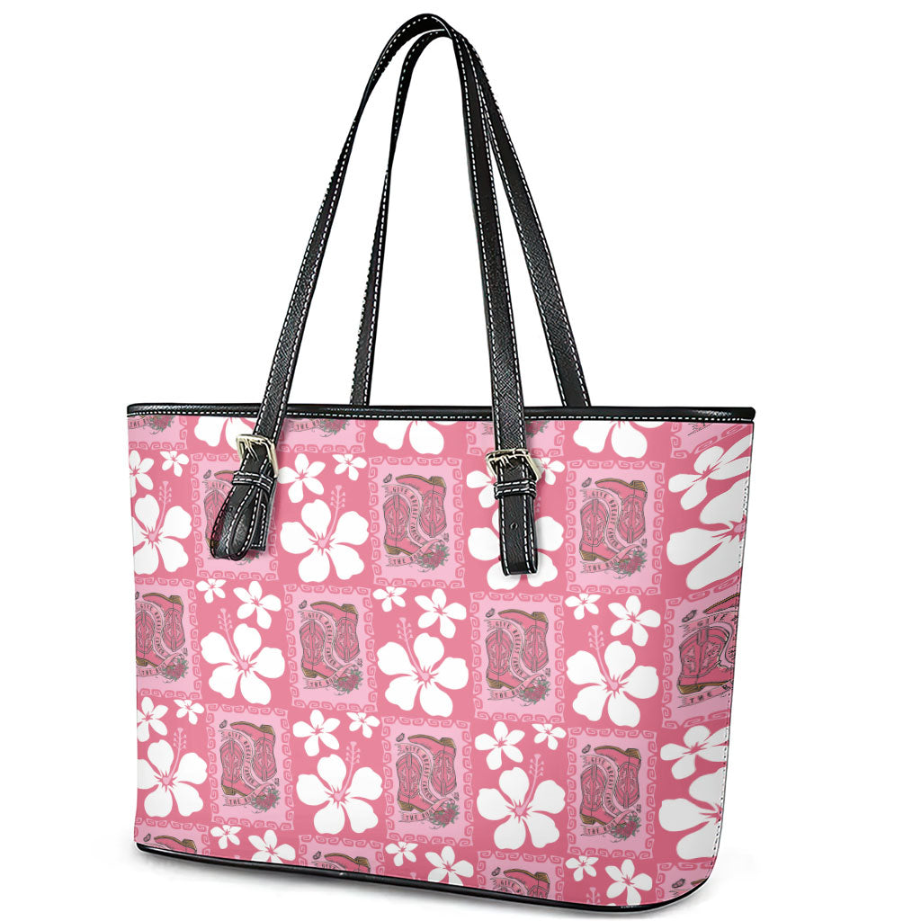 Give Cancer The Boot Pink Cowgirl Leather Tote Bag Western Aloha Hibiscus Paniolo Heritage Floral LT9 - Polynesian Pride