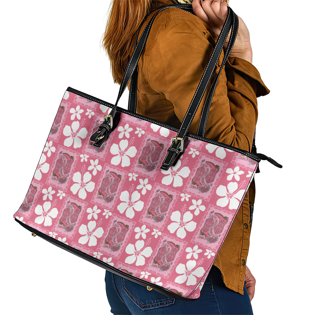 Give Cancer The Boot Pink Cowgirl Leather Tote Bag Western Aloha Hibiscus Paniolo Heritage Floral LT9 - Polynesian Pride