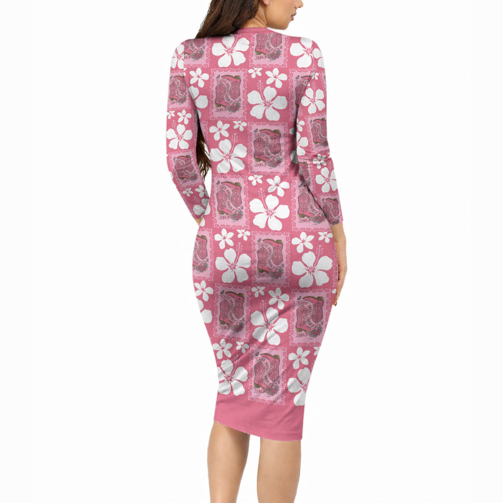 Give Cancer The Boot Pink Cowgirl Long Sleeve Bodycon Dress Western Aloha Hibiscus Paniolo Heritage Floral LT9 - Polynesian Pride