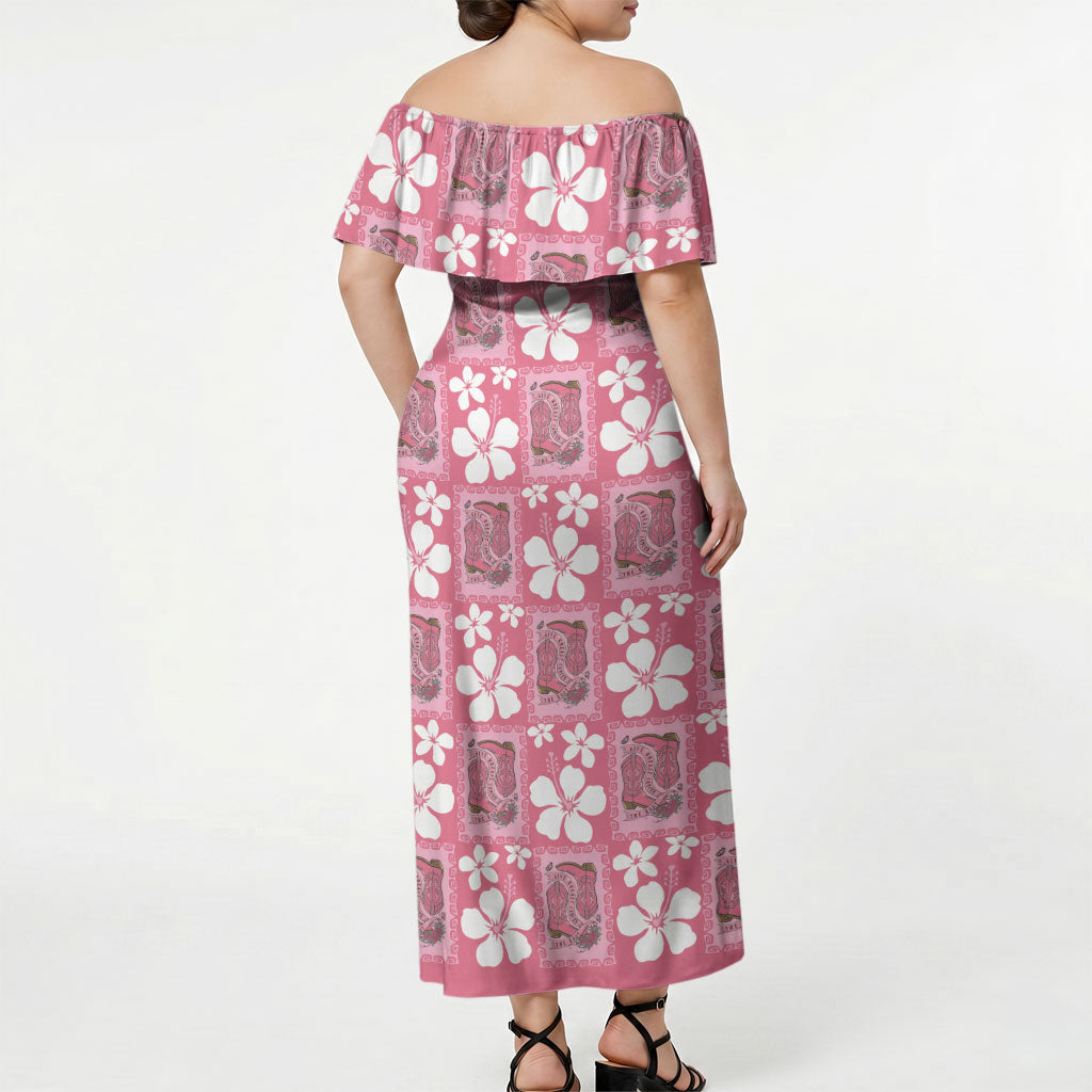 Give Cancer The Boot Pink Cowgirl Off Shoulder Maxi Dress Western Aloha Hibiscus Paniolo Heritage Floral LT9 - Polynesian Pride