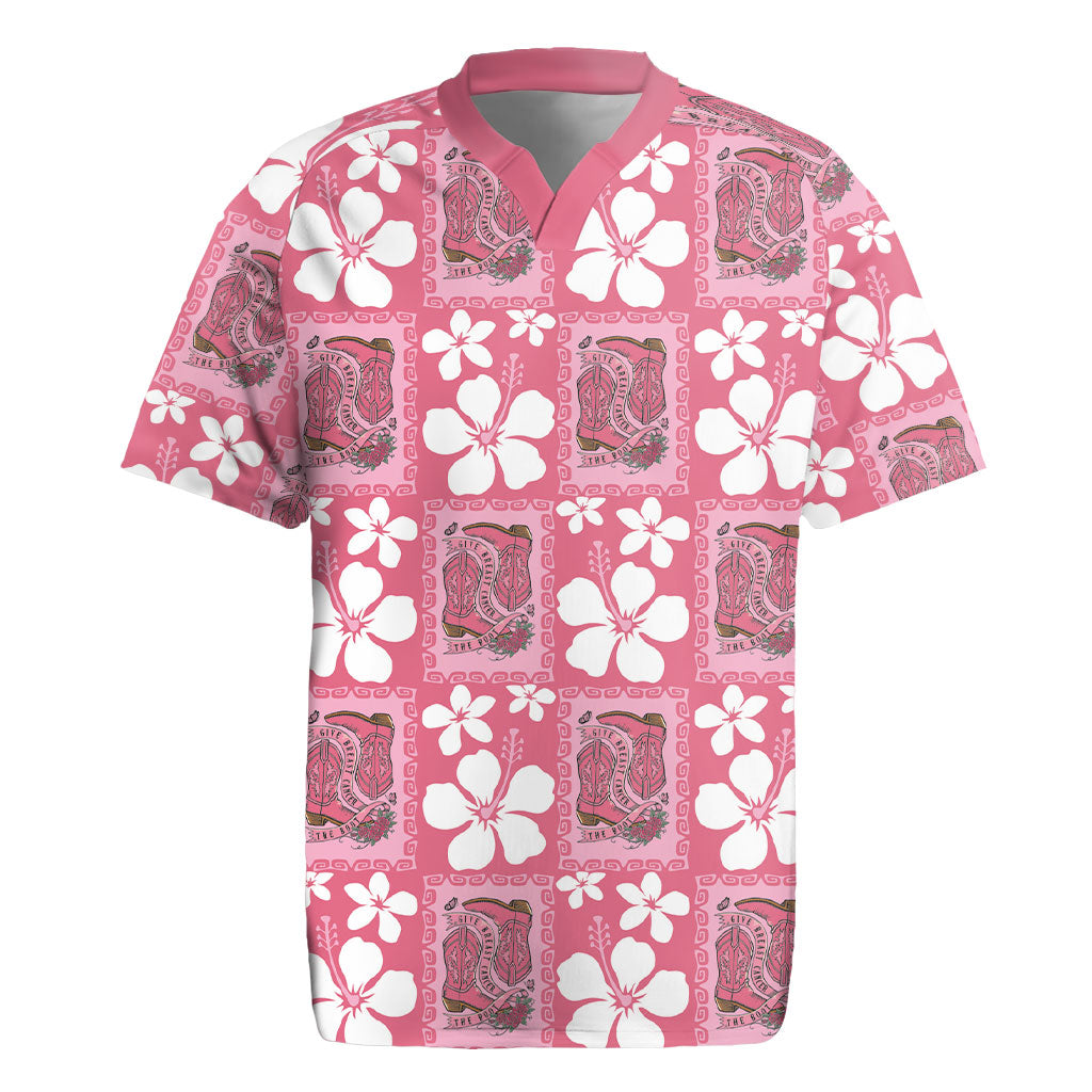 Give Cancer The Boot Pink Cowgirl Rugby Jersey Western Aloha Hibiscus Paniolo Heritage Floral LT9 Pink - Polynesian Pride