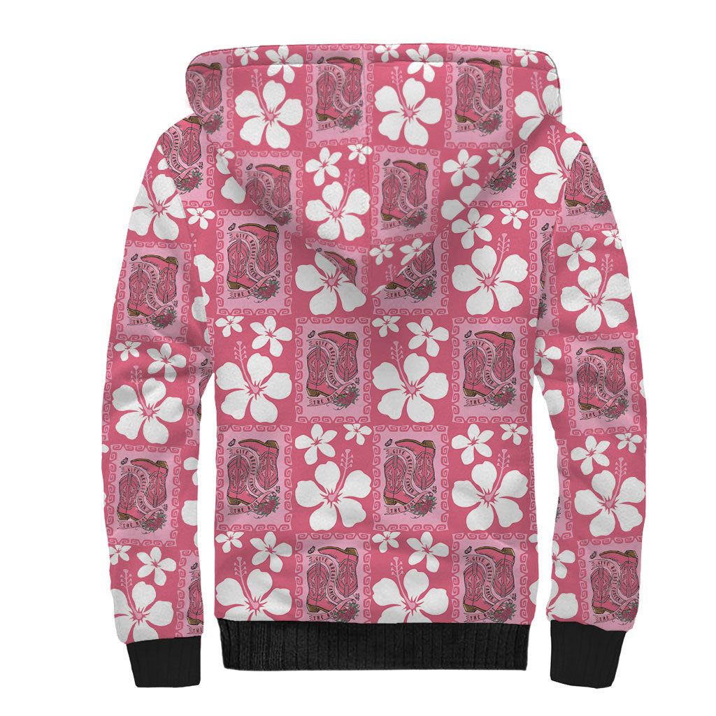 Give Cancer The Boot Pink Cowgirl Sherpa Hoodie Western Aloha Hibiscus Paniolo Heritage Floral LT9 - Polynesian Pride