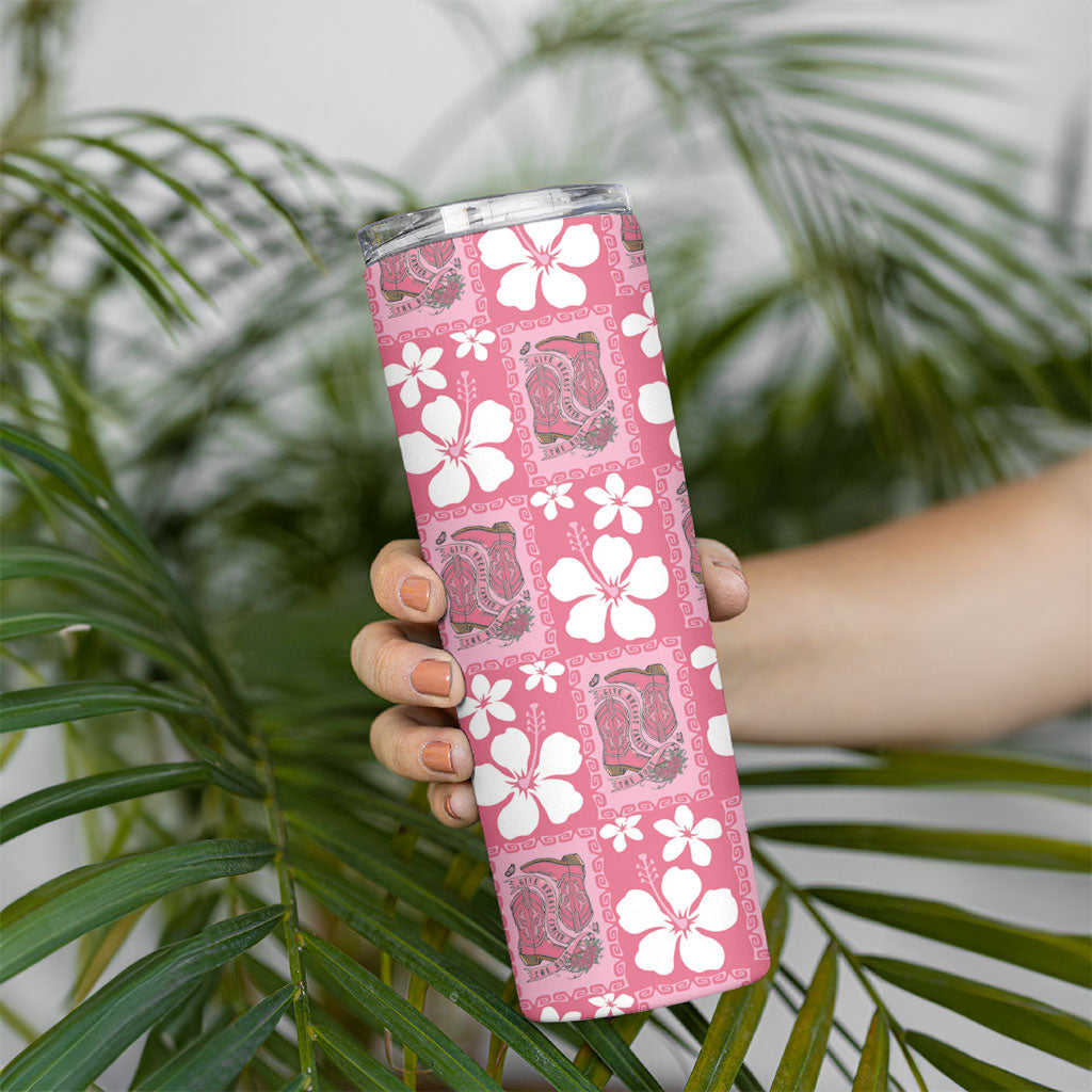 Give Cancer The Boot Pink Cowgirl Skinny Tumbler Western Aloha Hibiscus Paniolo Heritage Floral LT9 - Polynesian Pride