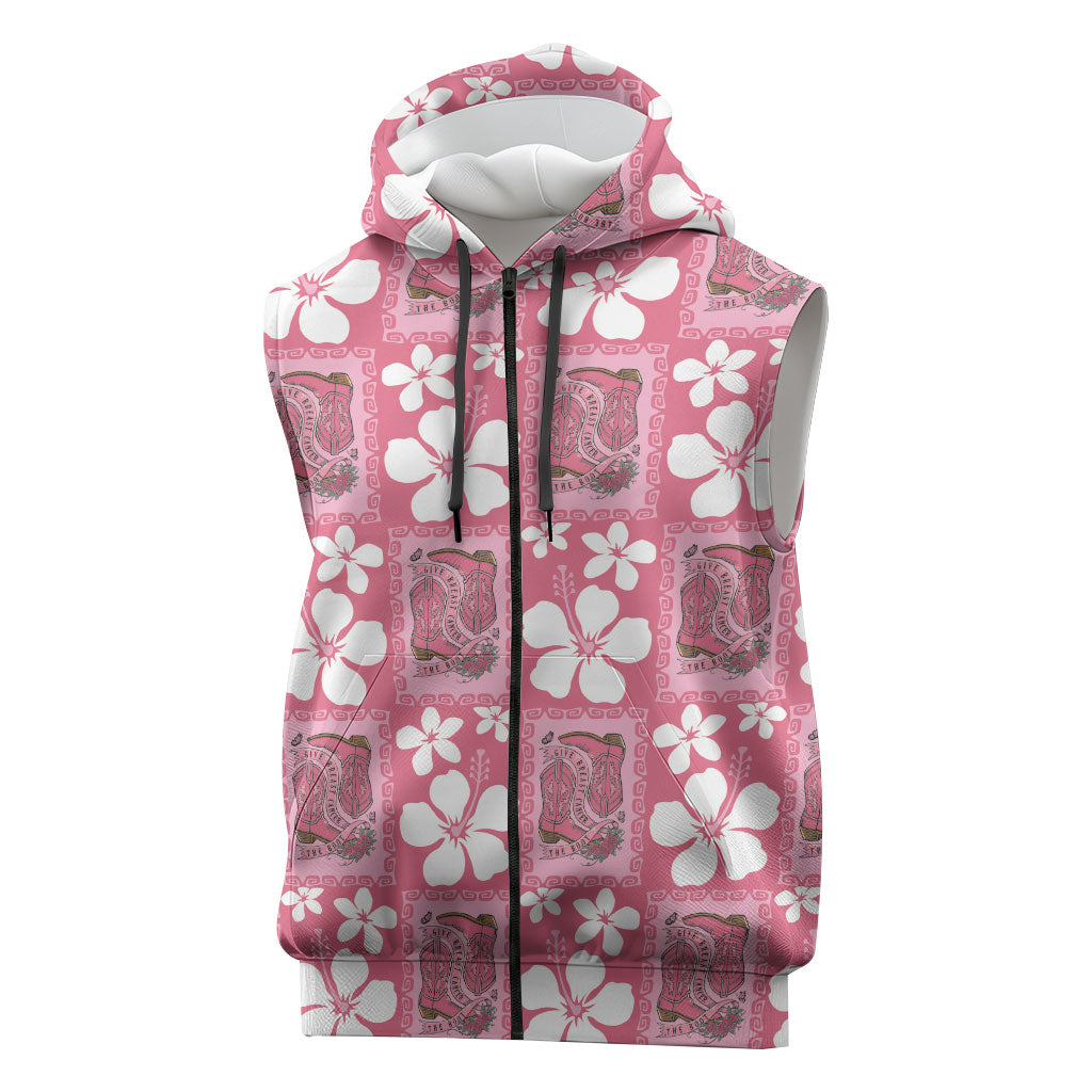 Give Cancer The Boot Pink Cowgirl Sleeveless Zip Hoodie Western Aloha Hibiscus Paniolo Heritage Floral LT9 Pink - Polynesian Pride