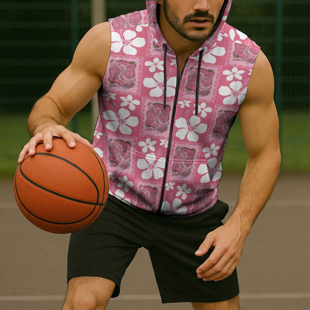 Give Cancer The Boot Pink Cowgirl Sleeveless Zip Hoodie Western Aloha Hibiscus Paniolo Heritage Floral LT9 - Polynesian Pride