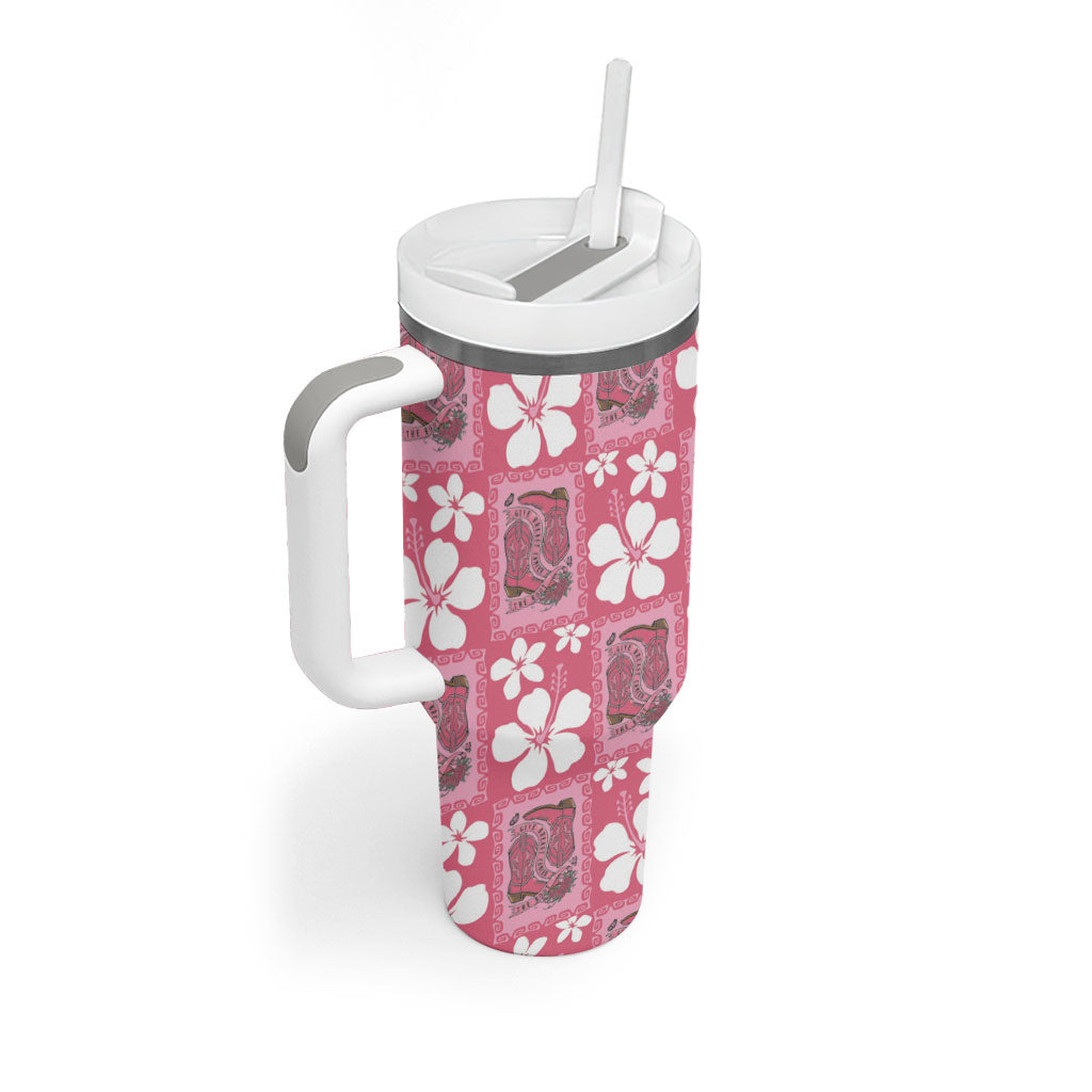 Give Cancer The Boot Pink Cowgirl Tumbler With Handle Western Aloha Hibiscus Paniolo Heritage Floral LT9 - Polynesian Pride