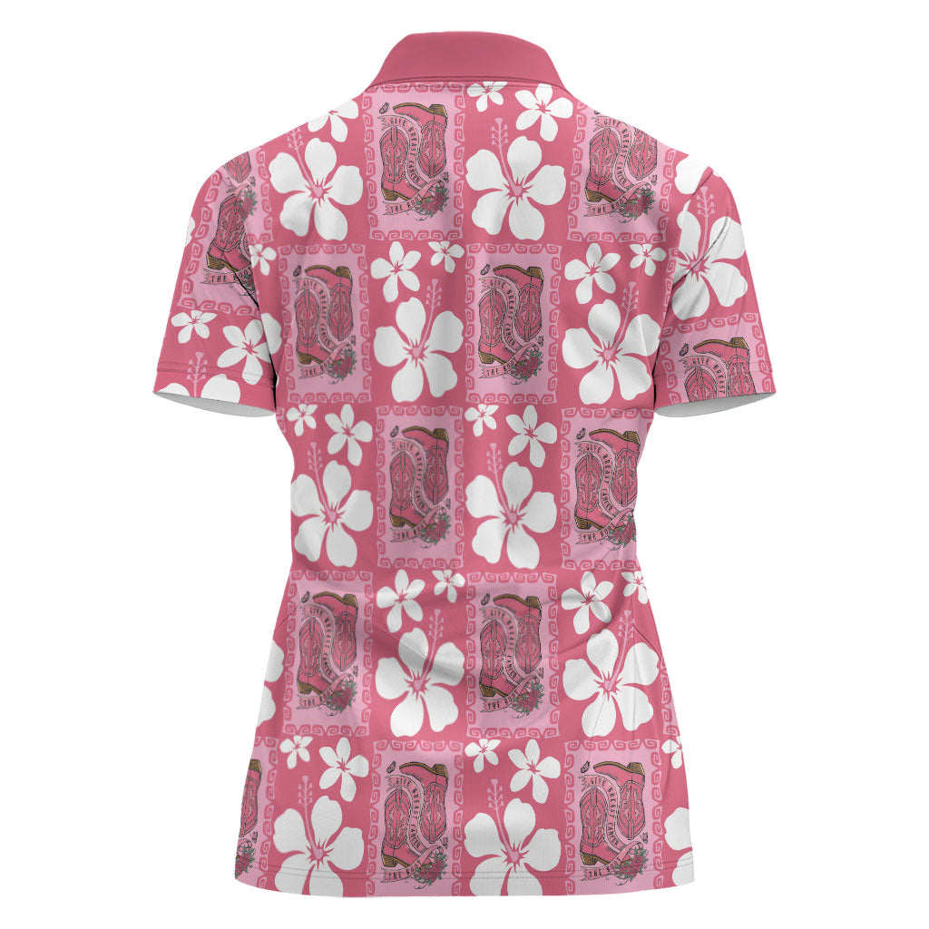 Give Cancer The Boot Pink Cowgirl Women Polo Shirt Western Aloha Hibiscus Paniolo Heritage Floral LT9 - Polynesian Pride