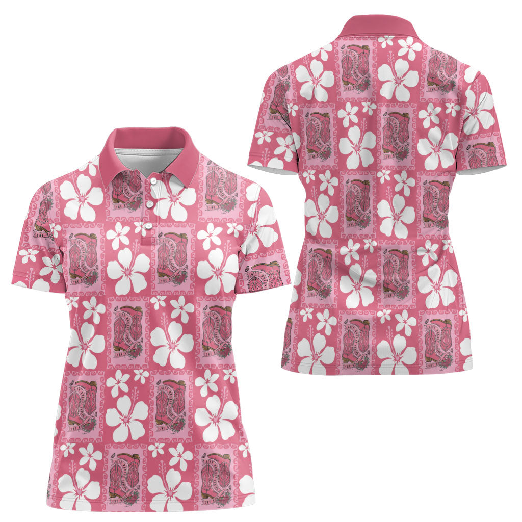 Give Cancer The Boot Pink Cowgirl Women Polo Shirt Western Aloha Hibiscus Paniolo Heritage Floral LT9 - Polynesian Pride