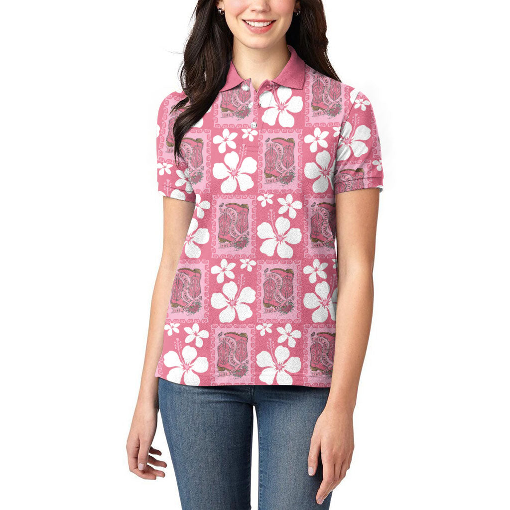 Give Cancer The Boot Pink Cowgirl Women Polo Shirt Western Aloha Hibiscus Paniolo Heritage Floral LT9 - Polynesian Pride