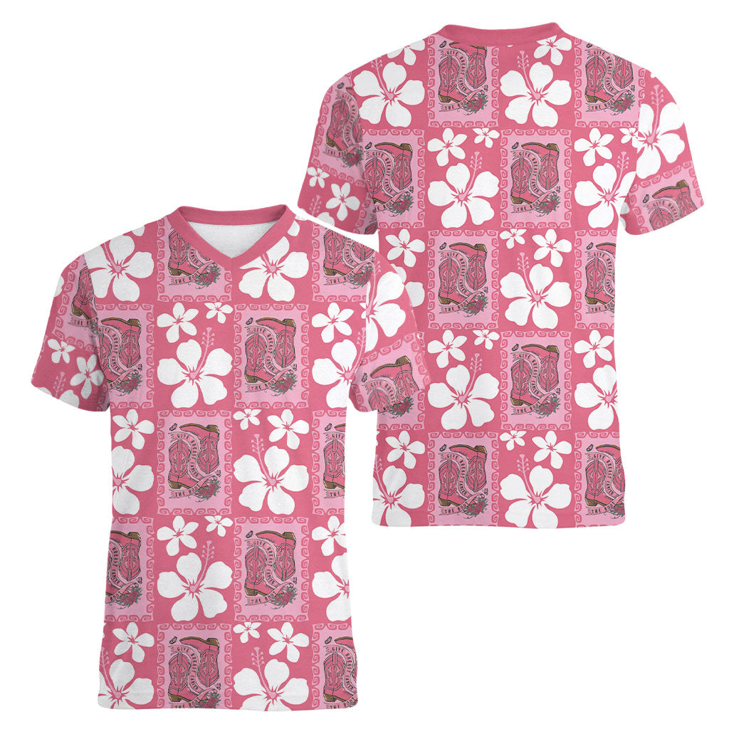 Give Cancer The Boot Pink Cowgirl Women V-Neck T-Shirt Western Aloha Hibiscus Paniolo Heritage Floral LT9 - Polynesian Pride