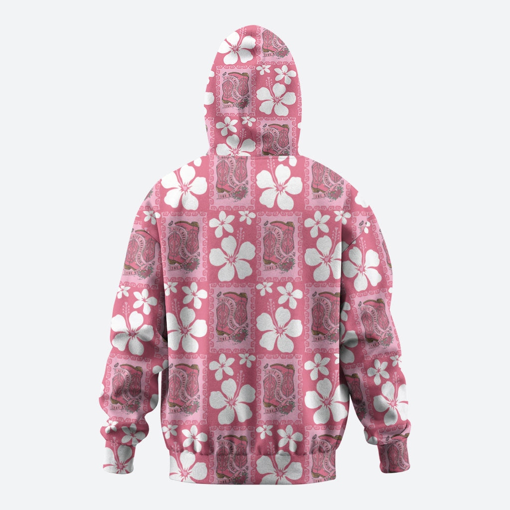 Give Cancer The Boot Pink Cowgirl Zip Hoodie Western Aloha Hibiscus Paniolo Heritage Floral LT9 - Polynesian Pride