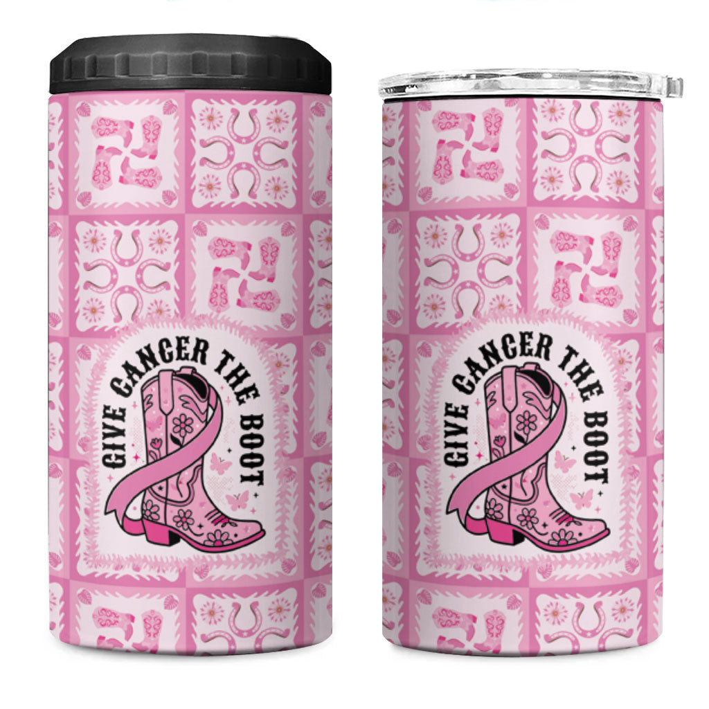 Give Cancer The Boot Pink Cowgirl 4 in 1 Can Cooler Tumbler Hawaiian Paniolo Mixed Quilt Pattern Style LT9 One Size: 16 oz Pink - Polynesian Pride