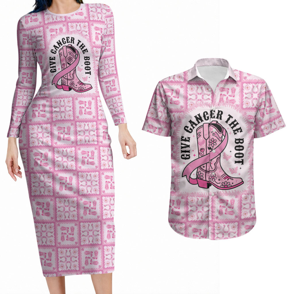 Give Cancer The Boot Pink Cowgirl Couples Matching Long Sleeve Bodycon Dress and Hawaiian Shirt Hawaiian Paniolo Mixed Quilt Pattern Style LT9 Pink - Polynesian Pride