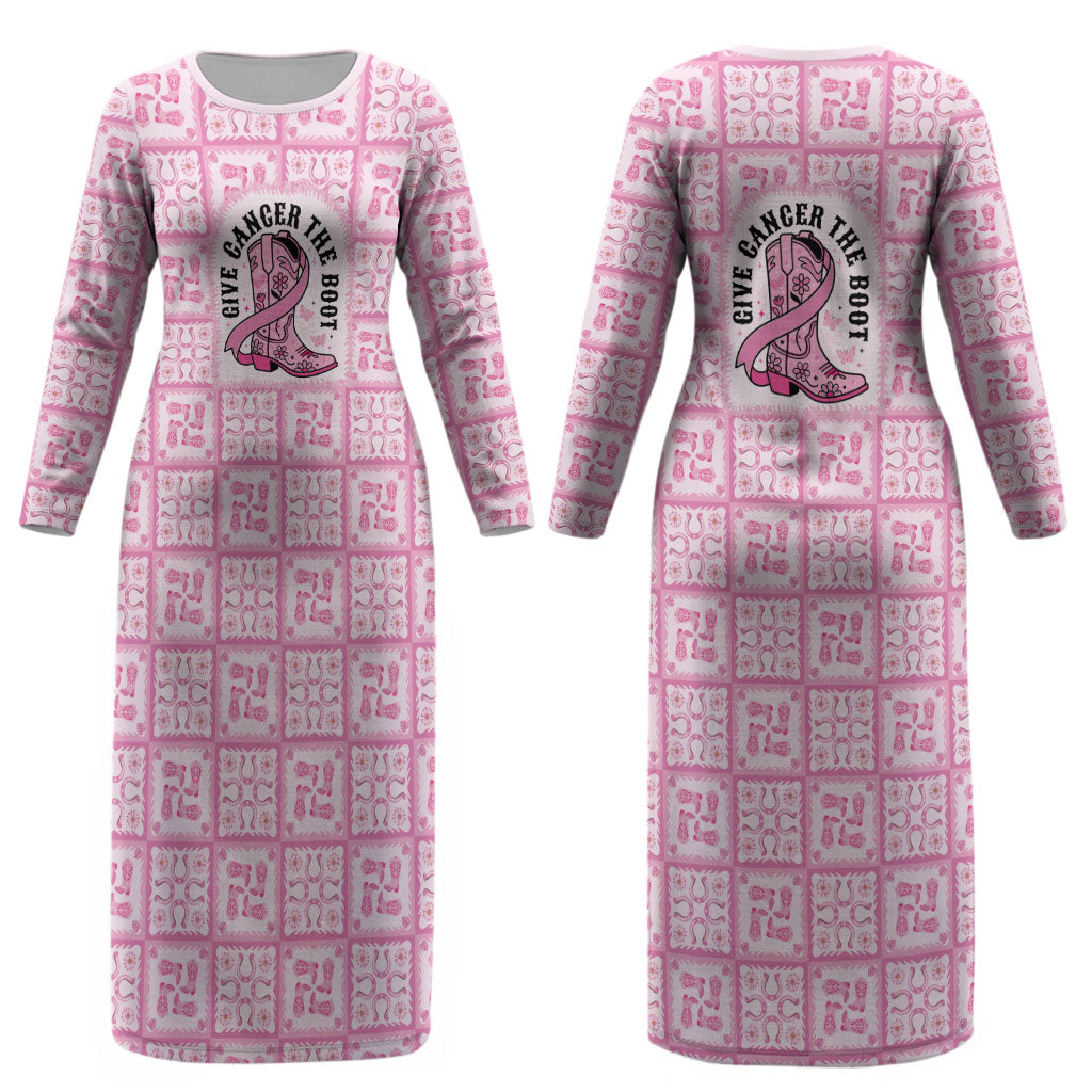 Give Cancer The Boot Pink Cowgirl Couples Matching Long Sleeve Bodycon Dress and Hawaiian Shirt Hawaiian Paniolo Mixed Quilt Pattern Style LT9 - Polynesian Pride