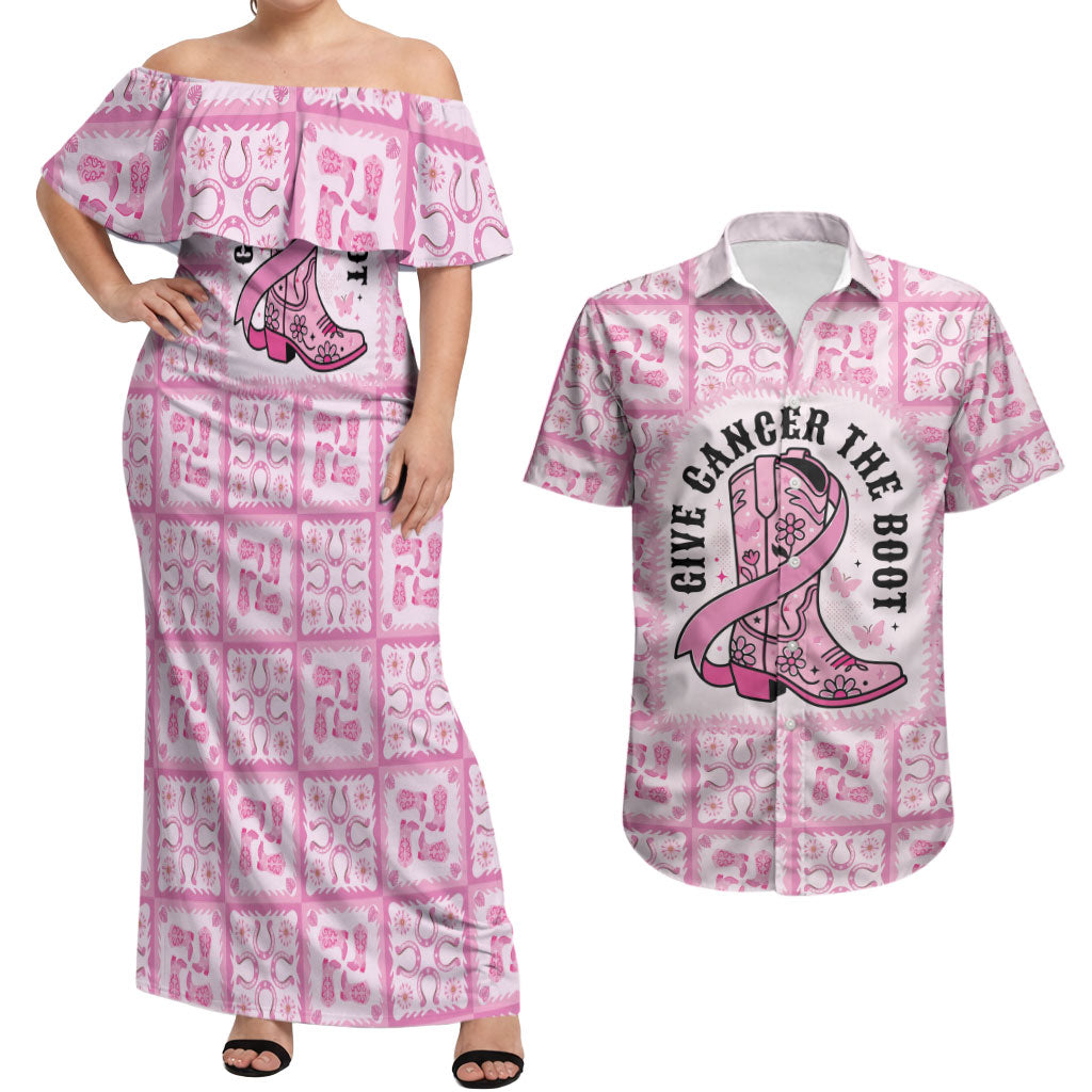 Give Cancer The Boot Pink Cowgirl Couples Matching Off Shoulder Maxi Dress and Hawaiian Shirt Hawaiian Paniolo Mixed Quilt Pattern Style LT9 Pink - Polynesian Pride